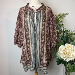 Free People Bohemian Border Batik Peasant Top Brown Multi |Large